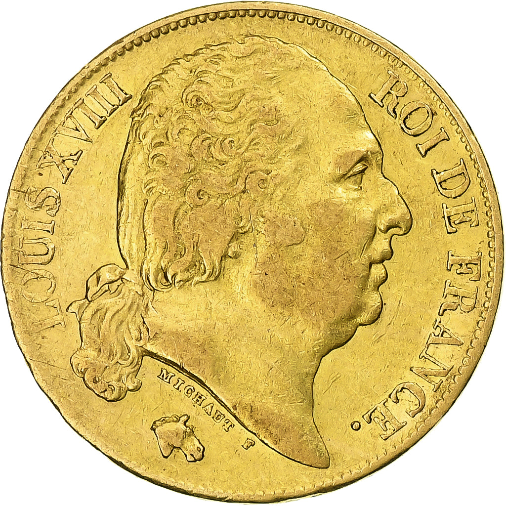 França, Louis XVIII, 20 Francs, 1819, Paris, Dourado, EF(40-45), Gadoury:1028