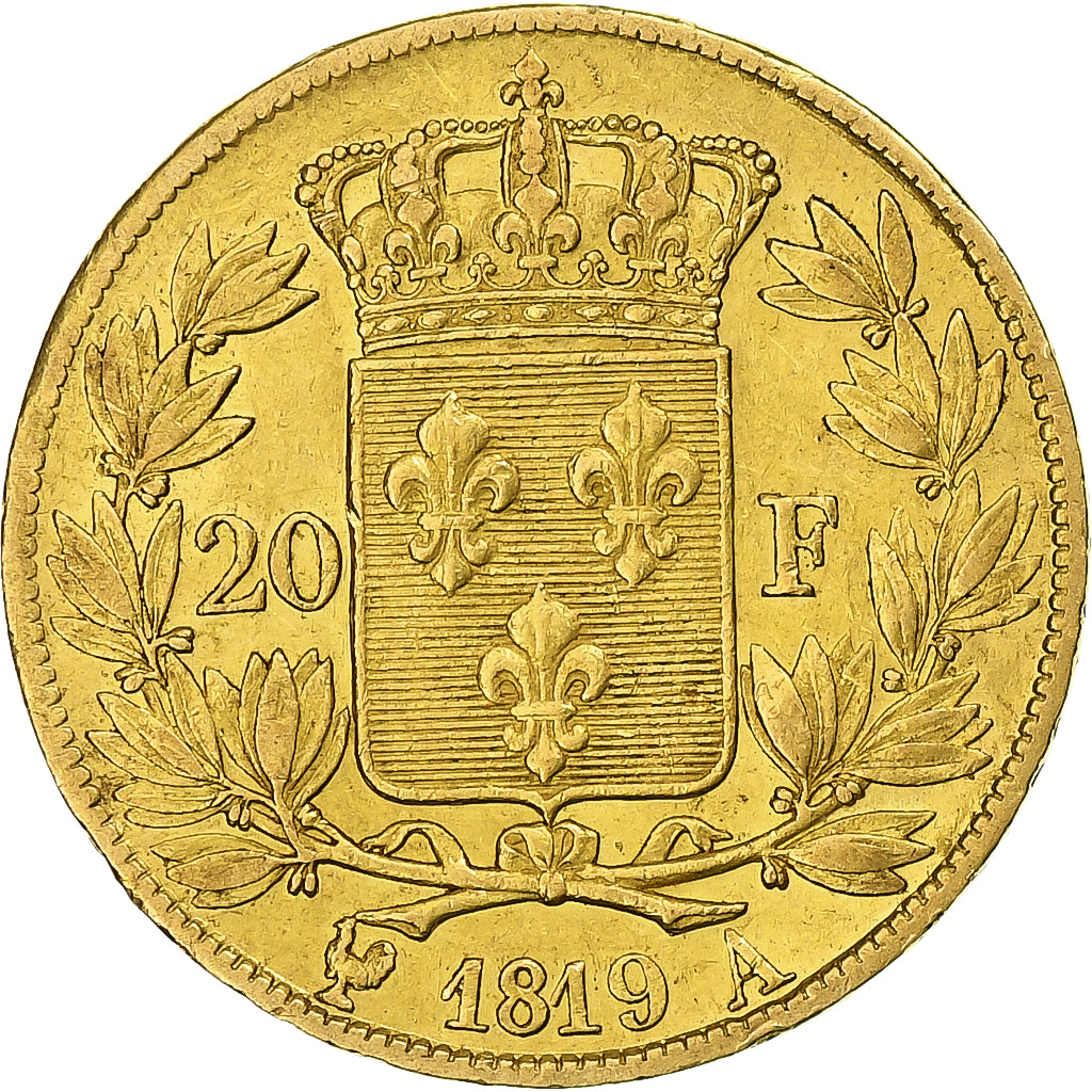 França, Louis XVIII, 20 Francs, 1819, Paris, Dourado, EF(40-45), Gadoury:1028