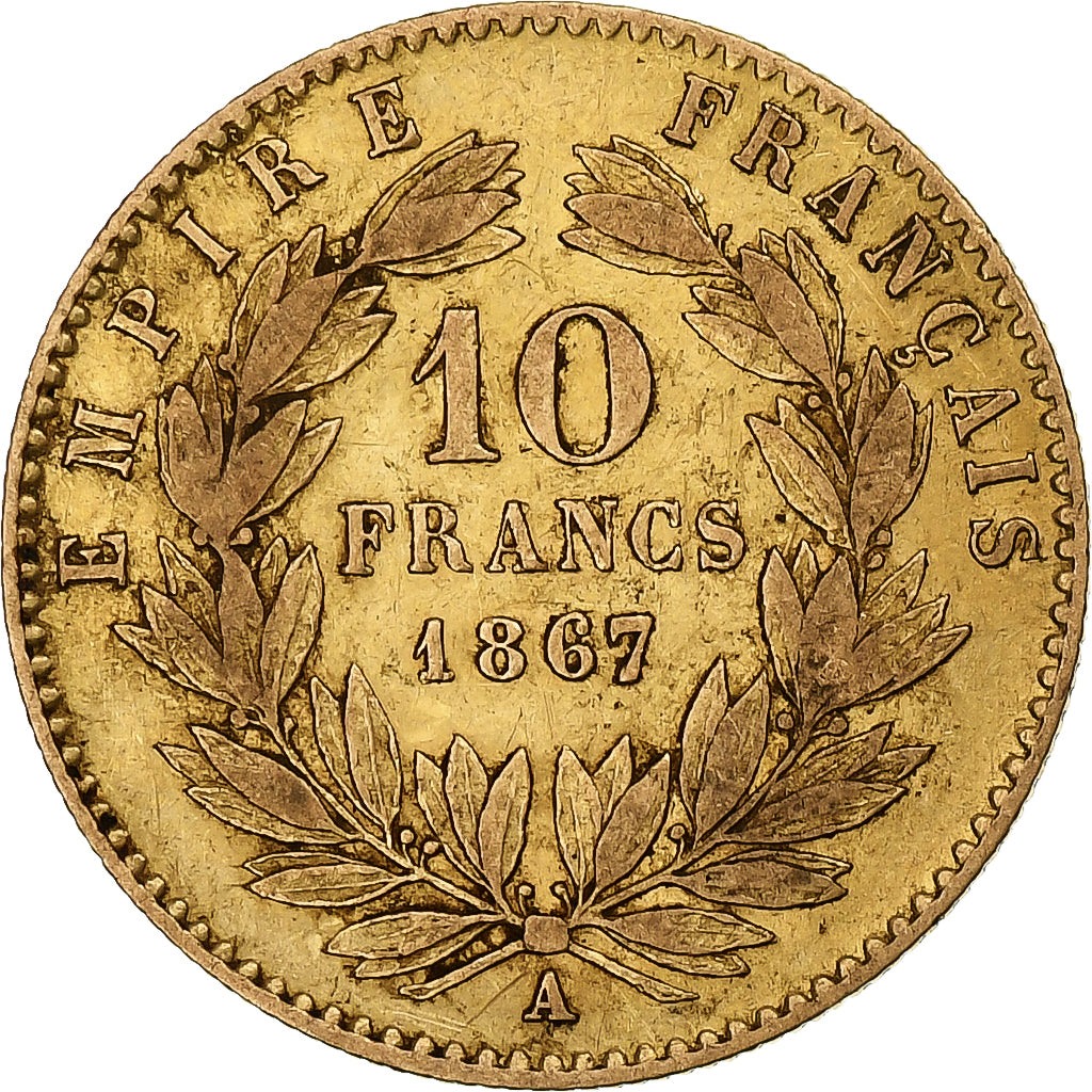 Francja, Napoleon III, 10 Francs, 1867, Paris, Złoto, VF(30-35), Gadoury:1015