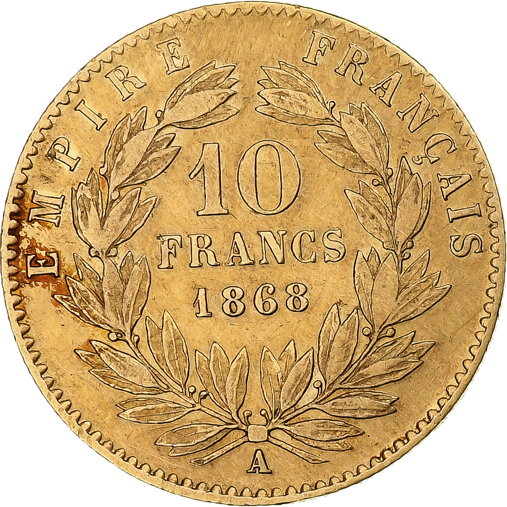 França, Napoleon III, 10 Francs, 1868, Paris, Dourado, AU(50-53), Gadoury:1015