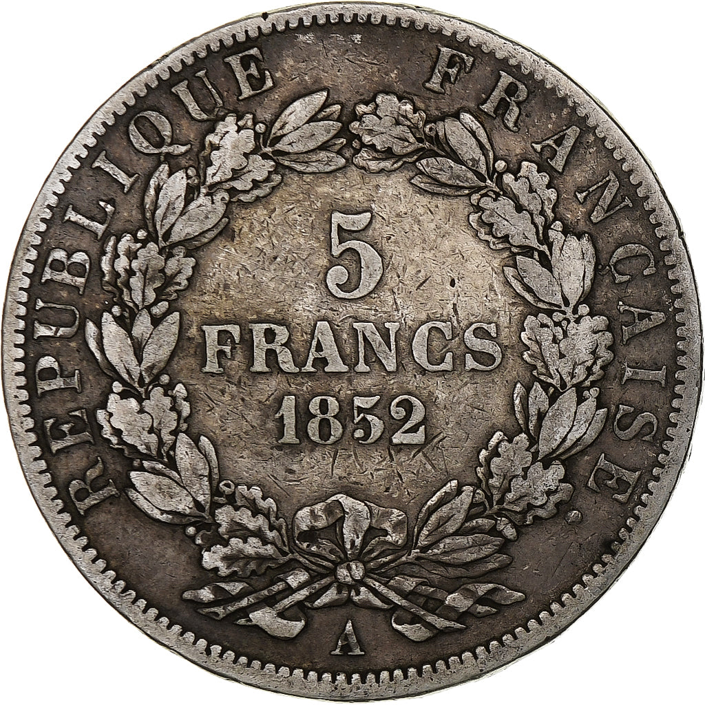 Francia, Louis-Napoléon Bonaparte, 5 Francs, 1852, Paris, Plata, BC+