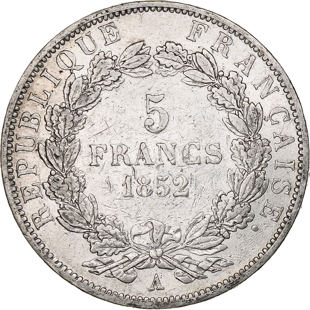 França, Louis-Napoléon Bonaparte, 5 Francs, 1852, Paris, Prata, VF(20-25)