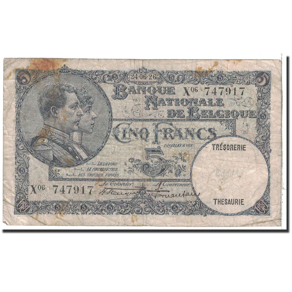 Belgium, 5 Francs, 1926, KM:97a, 1926-06-24, VG(8-10)
