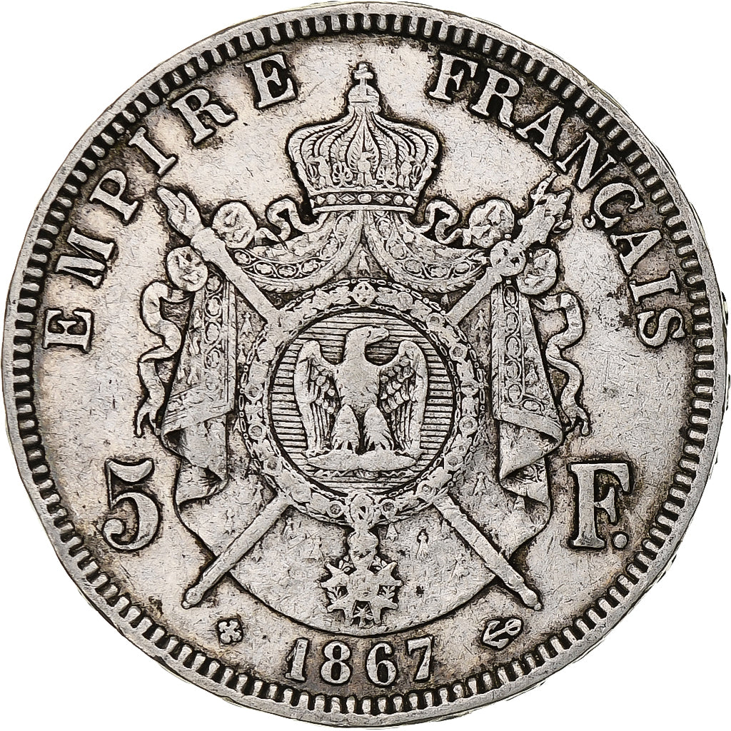 France, 5 Francs, Napoléon III, 1867, Strasbourg, Silver, VF(30-35), KM:799.2