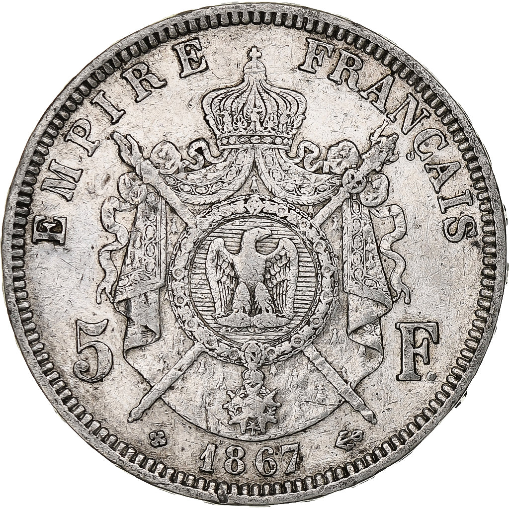 France, 5 Francs, Napoléon III, 1867, Strasbourg, Silver, EF(40-45), KM:799.2