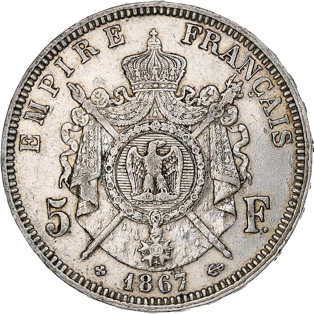 France, 5 Francs, Napoléon III, 1867, Strasbourg, Silver, EF(40-45), KM:799.2
