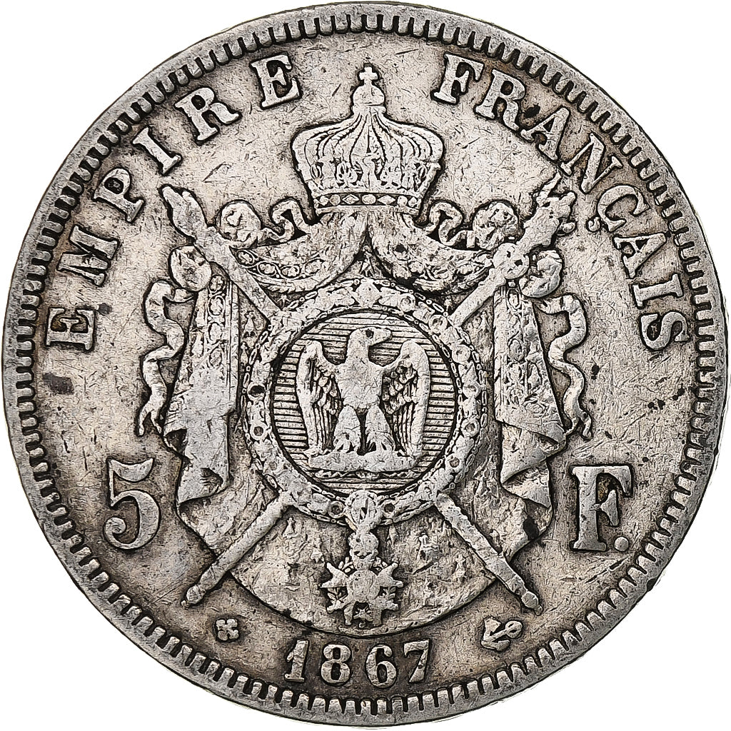 France, 5 Francs, Napoléon III, 1867, Strasbourg, Silver, VF(20-25), KM:799.2