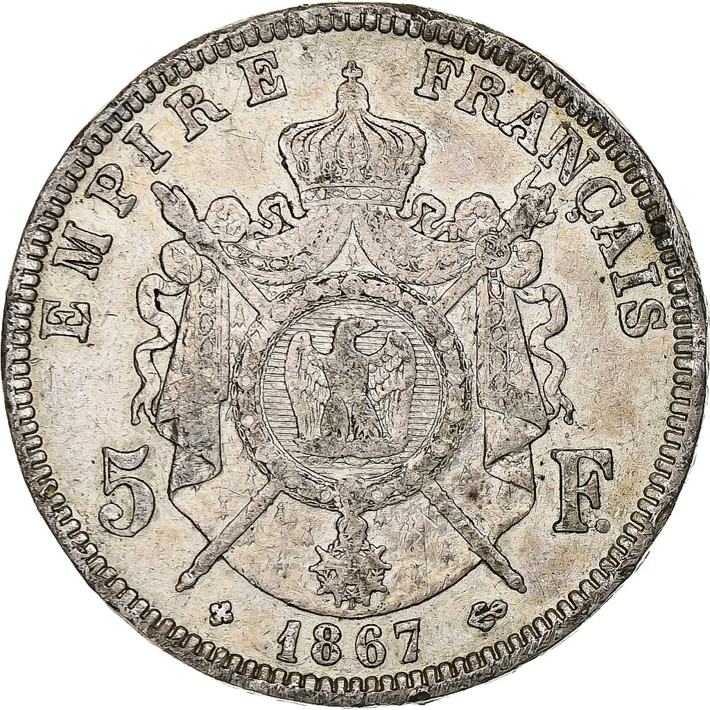 France, 5 Francs, Napoléon III, 1867, Strasbourg, Silver, VF(30-35), KM:799.2