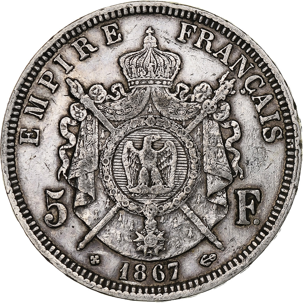 France, 5 Francs, Napoléon III, 1867, Strasbourg, Silver, EF(40-45), KM:799.2