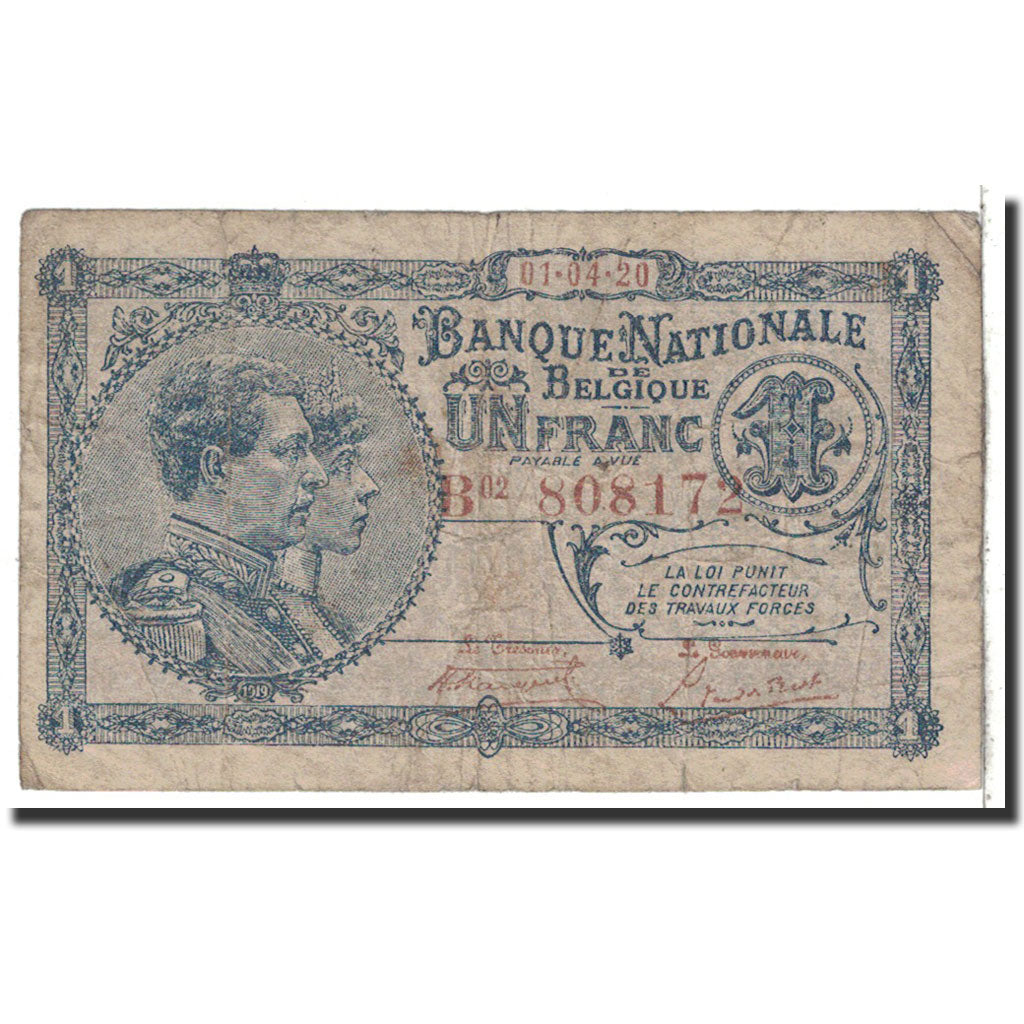 Belgium, 1 Franc, 1920, KM:92, 1920-04-01, VG(8-10)