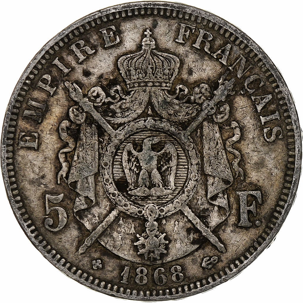 Francja, Napoleon III, 5 Francs, 1868, Strasbourg, Srebro, VF(20-25)