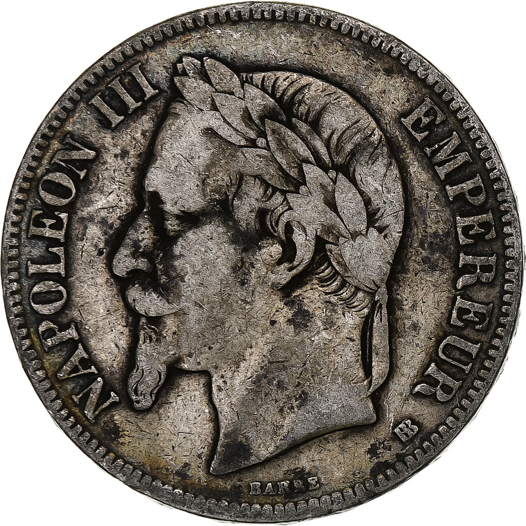 França, Napoleon III, 5 Francs, 1869, Strasbourg, Prata, VF(20-25)