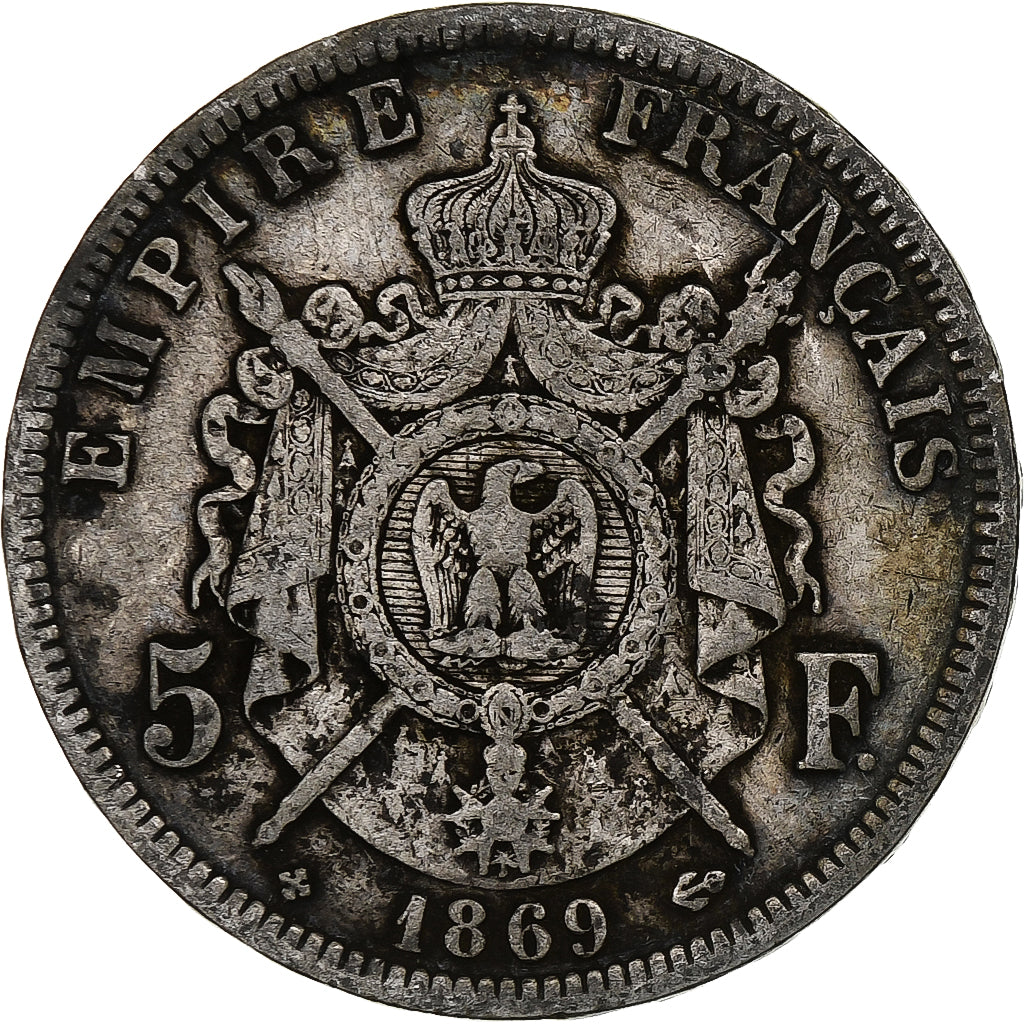 França, Napoleon III, 5 Francs, 1869, Strasbourg, Prata, VF(20-25)