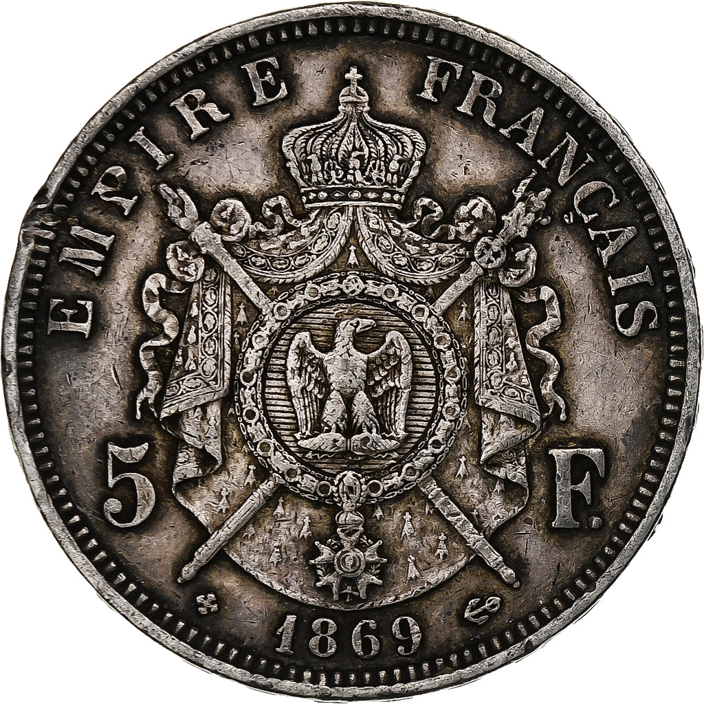 Francia, Napoleon III, 5 Francs, 1869, Strasbourg, Argento, MB+, Gadoury:739