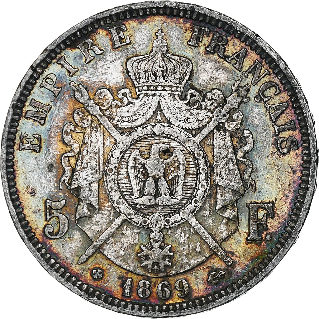 Francia, Napoleon III, 5 Francs, 1869, Strasbourg, Argento, BB, Gadoury:739