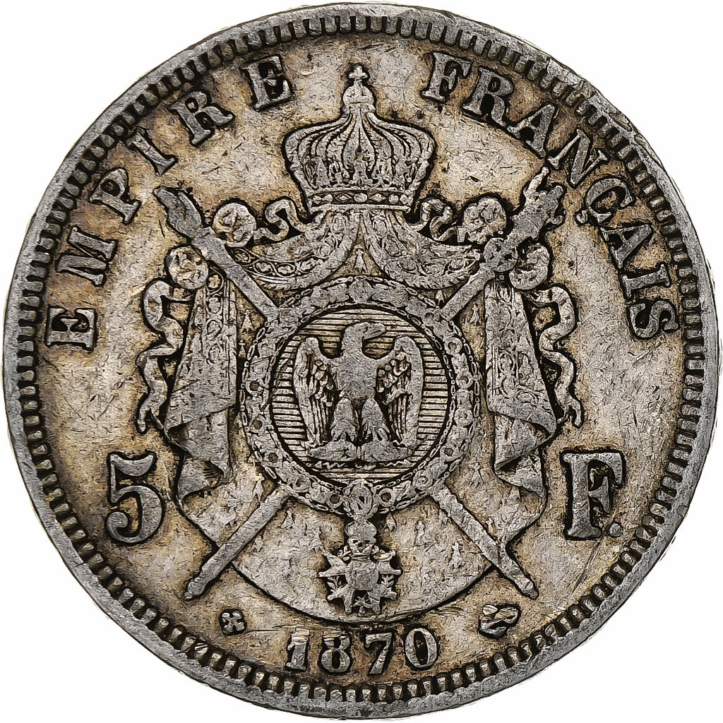 France, Napoleon III, 5 Francs, 1870, Strasbourg, Silver, VF(20-25)