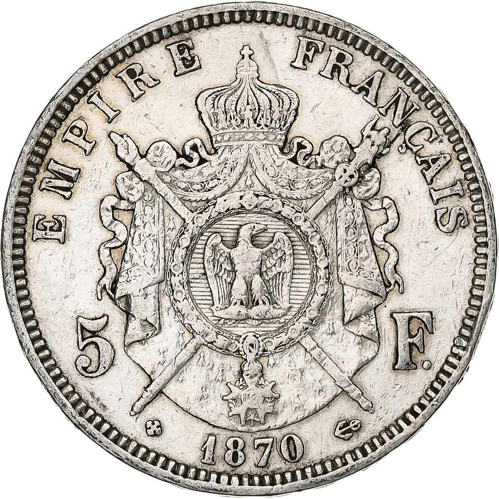 France, Napoleon III, 5 Francs, 1870, Strasbourg, Silver, VF(30-35)