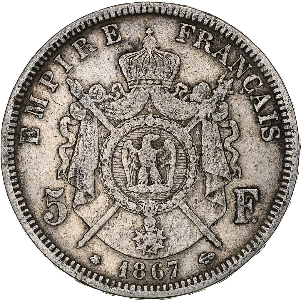France, Napoleon III, 5 Francs, 1867, Paris, Silver, VF(20-25), KM:799.1