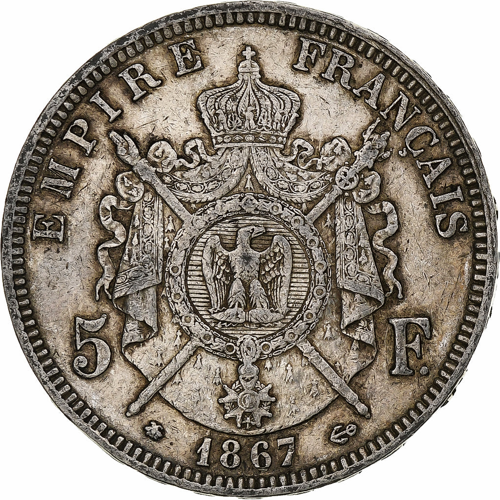 France, Napoleon III, 5 Francs, 1867, Paris, Silver, VF(30-35), KM:799.1