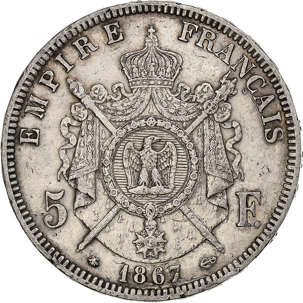 Frankreich, Napoleon III, 5 Francs, 1867, Paris, Silber, SS, KM:799.1
