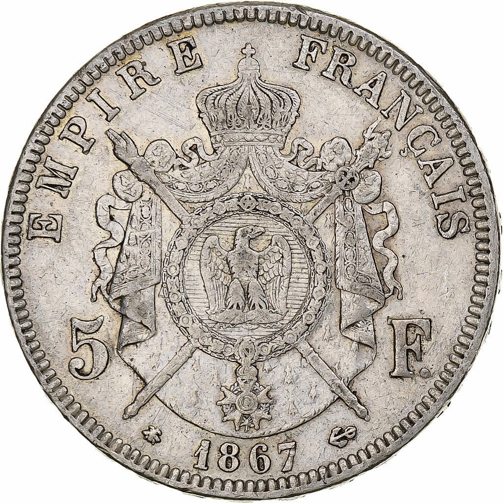 Francia, Napoleon III, 5 Francs, 1867, Paris, Argento, BB, KM:799.1