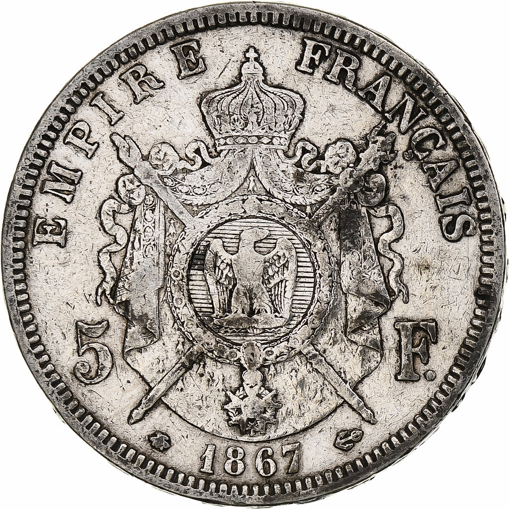 France, Napoleon III, 5 Francs, 1867, Paris, Silver, VF(30-35), KM:799.1