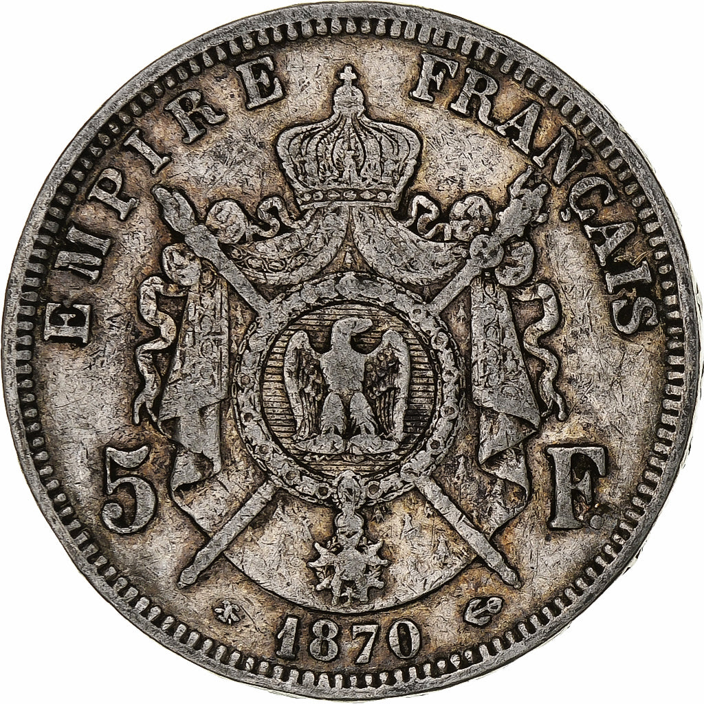 Francia, Napoleon III, 5 Francs, 1870, Paris, Argento, MB, Gadoury:739, KM:799.1