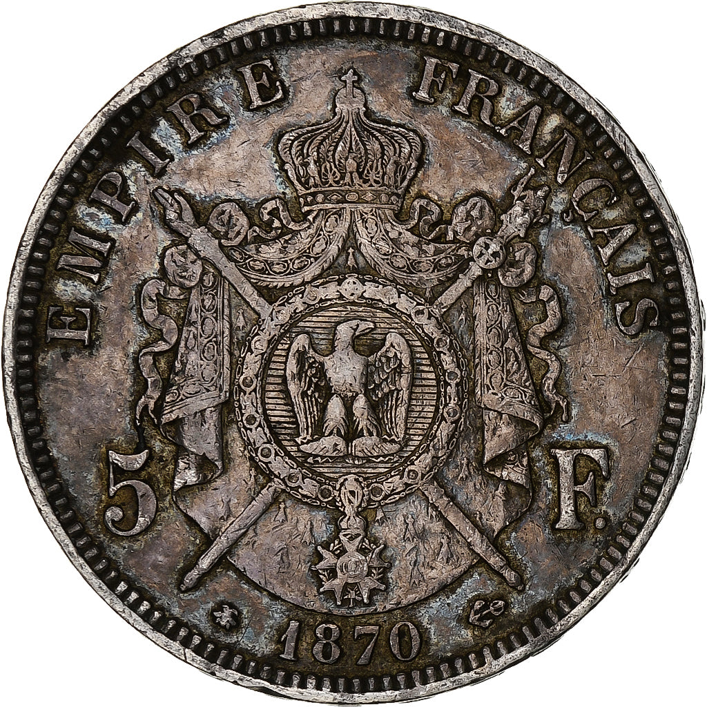 Francia, Napoleon III, 5 Francs, 1870, Paris, Argento, MB+, Gadoury:739