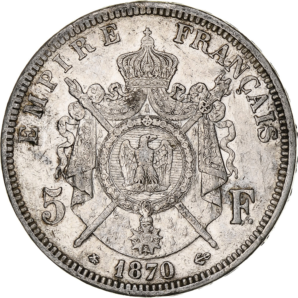 Francia, Napoleon III, 5 Francs, 1870, Paris, Plata, MBC, Gadoury:739, KM:799.1