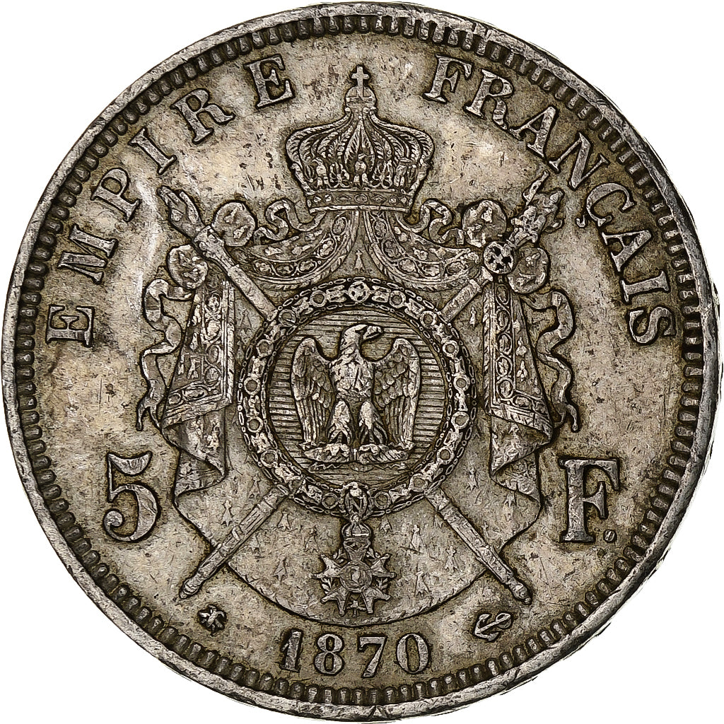 Francia, Napoleon III, 5 Francs, 1870, Paris, Plata, MBC, Gadoury:739, KM:799.1