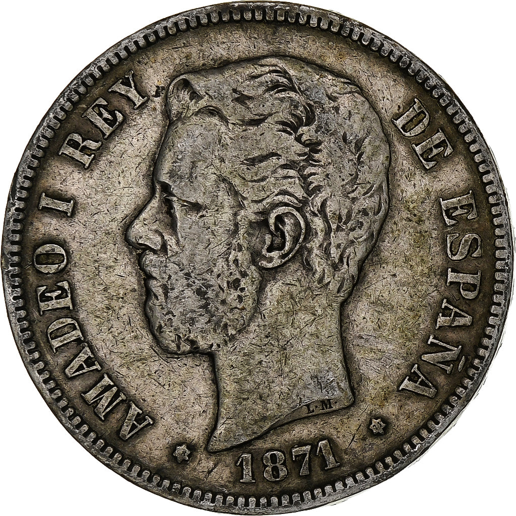 España, Amadeao I, 5 Pesetas, 1871, Madrid, Plata, BC+, KM:666