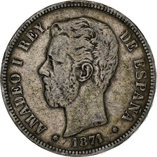España, Amadeao I, 5 Pesetas, 1871, Madrid, Plata, BC+, KM:666