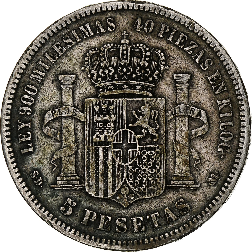 España, Amadeao I, 5 Pesetas, 1871, Madrid, Plata, BC+, KM:666