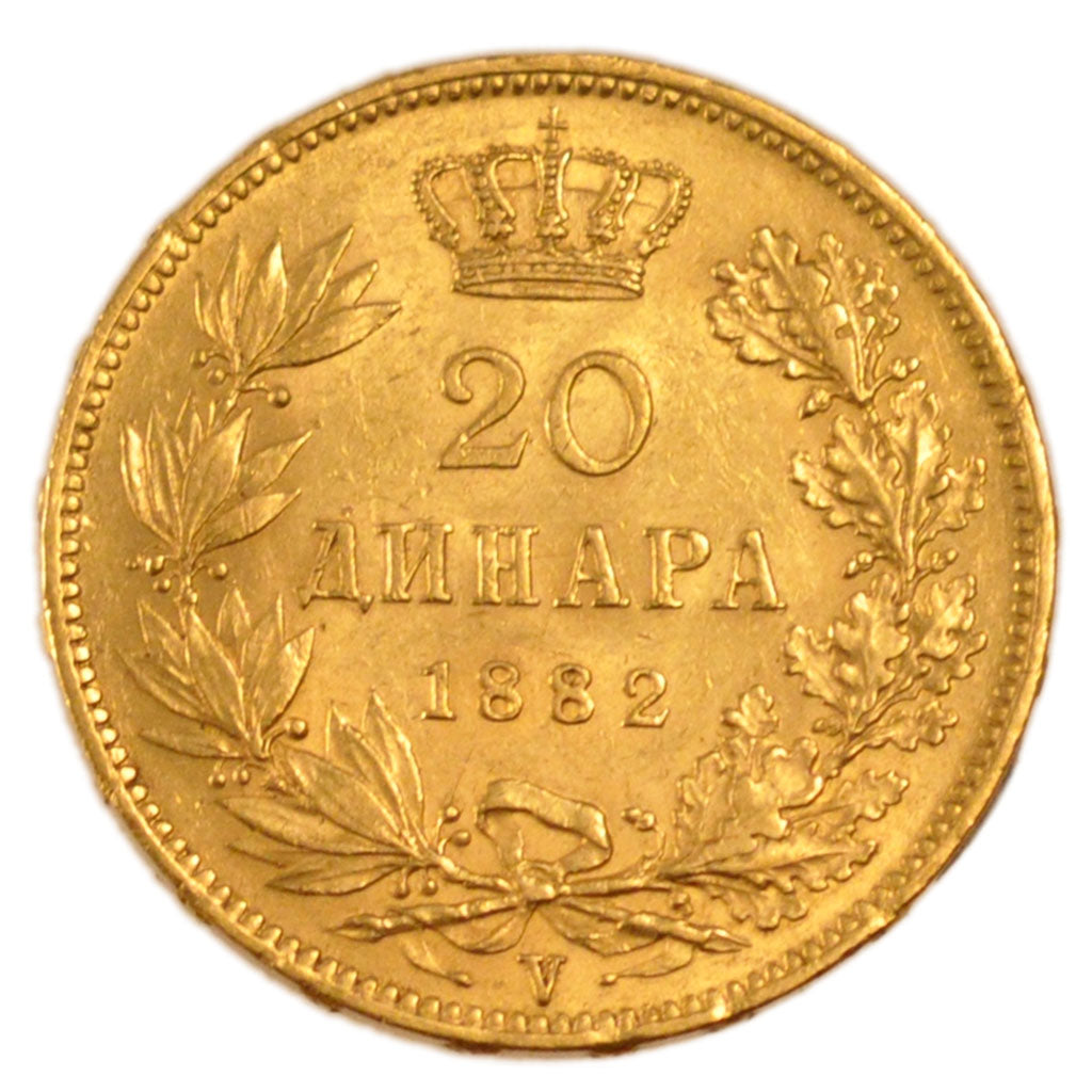 SERBIA, 20 Dinara, 1882, KM #17.1, AU(55-58), Gold, 6.40