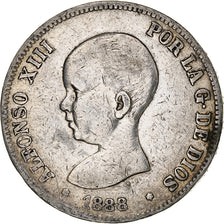 España, Alfonso XIII, 5 Pesetas, 1888, Madrid, Plata, BC+, KM:689