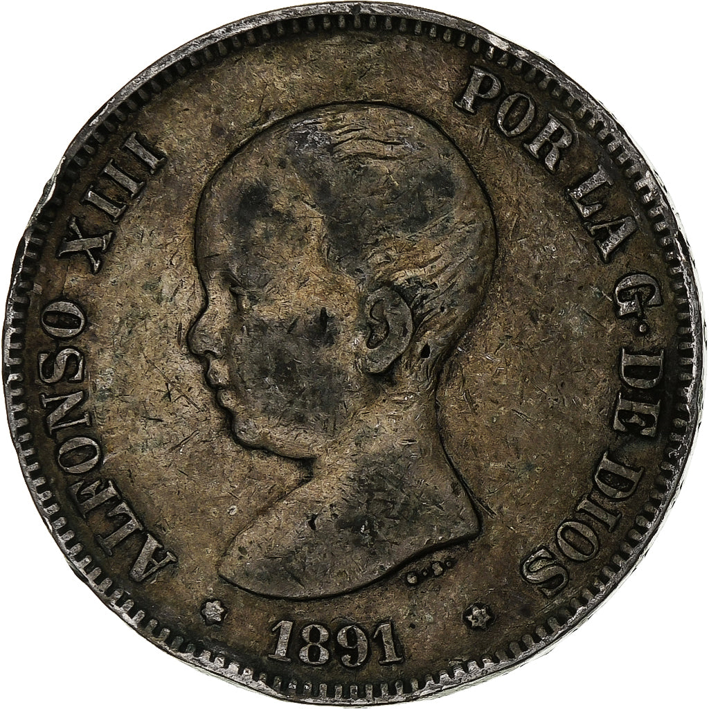 Spain, Alfonso XIII, 5 Pesetas, 1891, Madrid, Silver, VF(20-25), KM:689