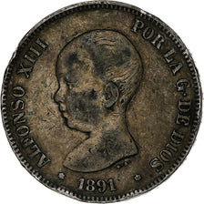 Spain, Alfonso XIII, 5 Pesetas, 1891, Madrid, Silver, VF(20-25), KM:689