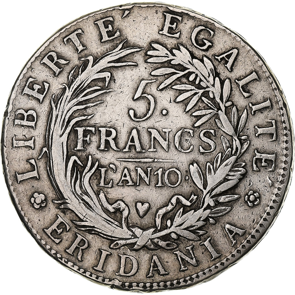 ITALIAN STATES, PIEDMONT REPUBLIC, 5 Francs, An 10, Turin, Silver, VF(30-35)