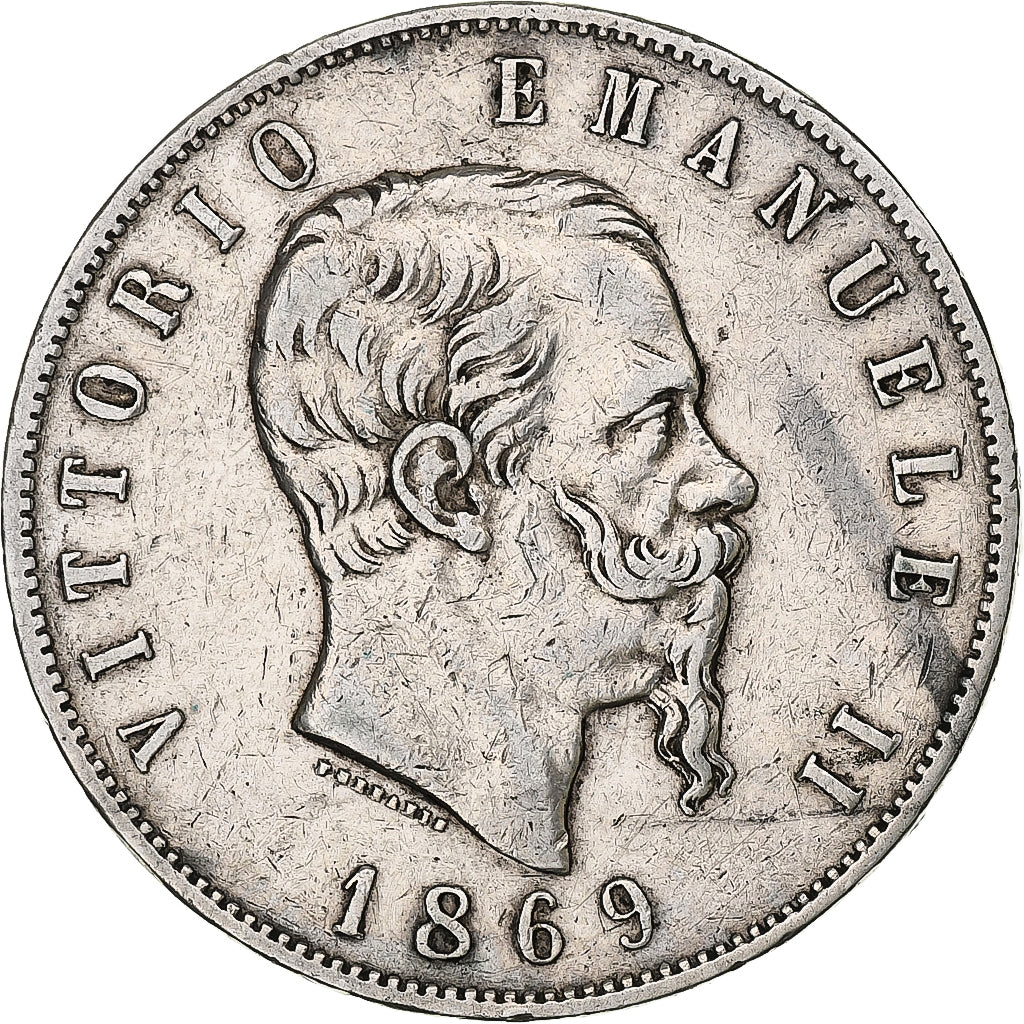 Italy, Vittorio Emanuele II, 5 Lire, 1869, Milan, Silver, VF(20-25), KM:8.3