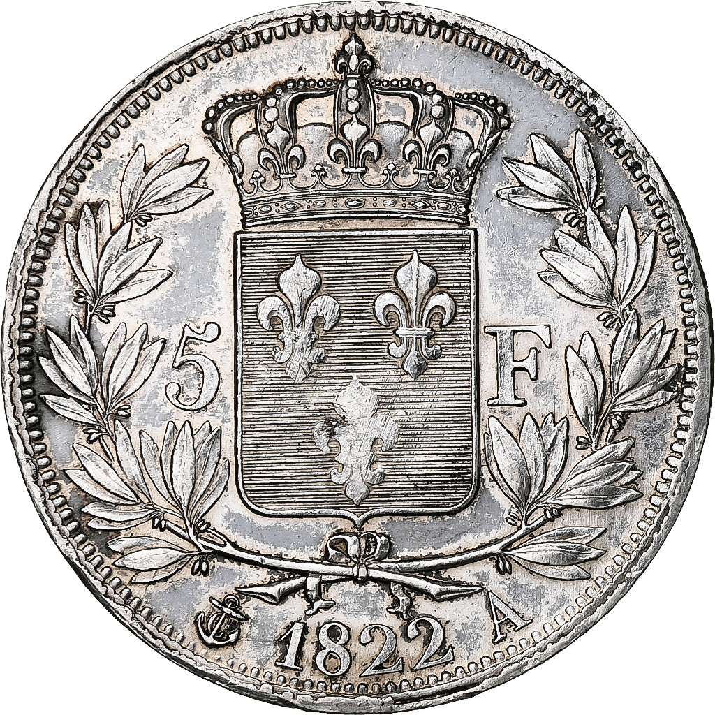 Francia, Louis XVIII, 5 Francs, 1822, Paris, Argento, BB, Gadoury:614, KM:711.1