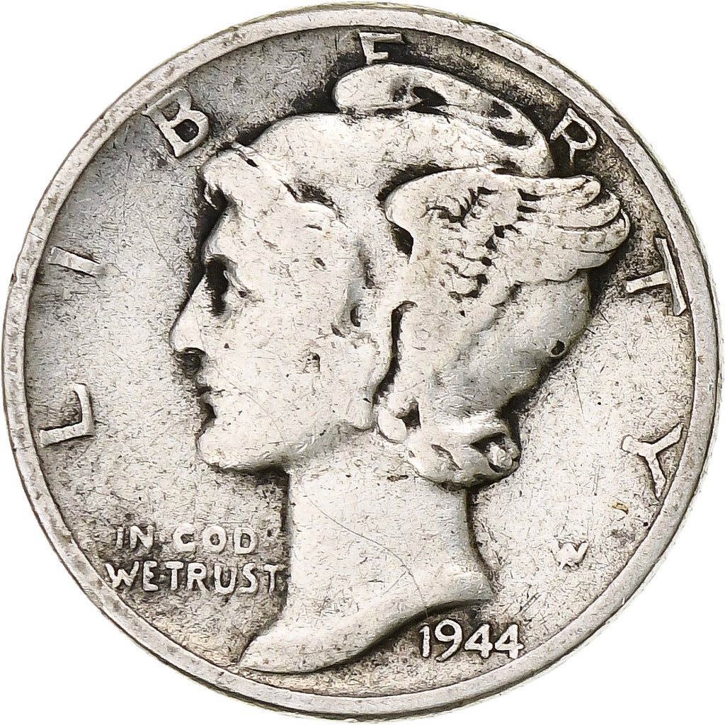 Stati Uniti, Dime, Mercury Dime, 1944, Philadelphia, Argento, MB+, KM:140