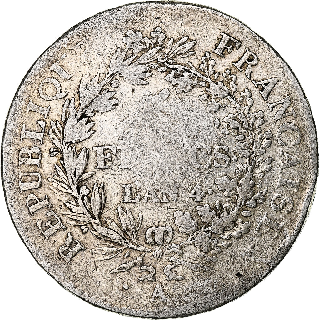 França, 5 Francs, Hercule, AN 4, Paris, Prata, F(12-15), Gadoury:563, KM:639.1