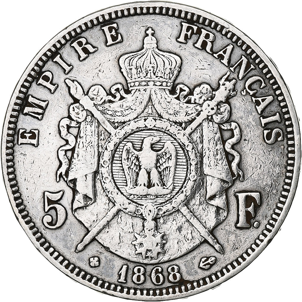 Francja, Napoleon III, 5 Francs, 1868, Strasbourg, Srebro, VF(30-35)