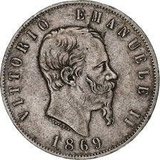 Italia, Vittorio Emanuele II, 5 Lire, 1869, Milan, Argento, MB, KM:8.3