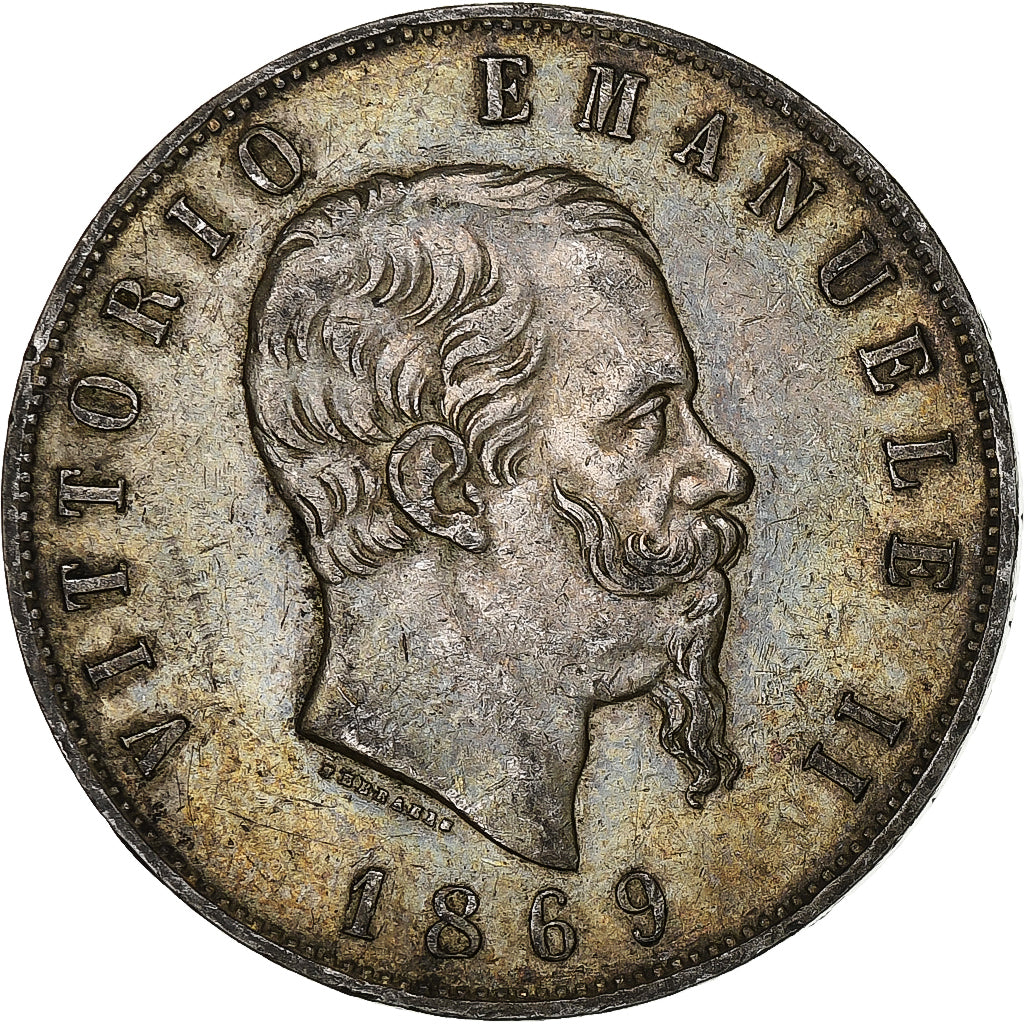 Italia, Vittorio Emanuele II, 5 Lire, 1869, Milan, Argento, BB, KM:8.3