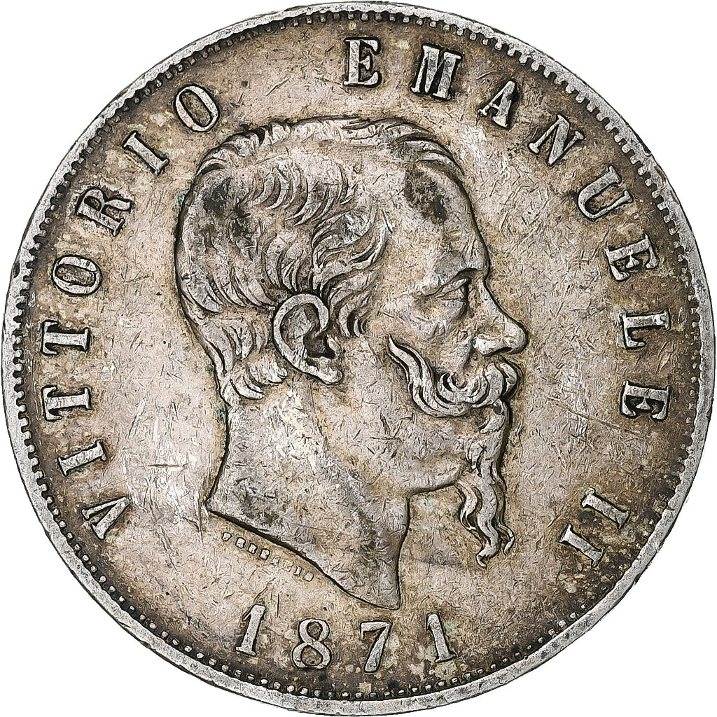Itália, Vittorio Emanuele II, 5 Lire, 1871, Milan, Prata, VF(30-35), KM:8.3
