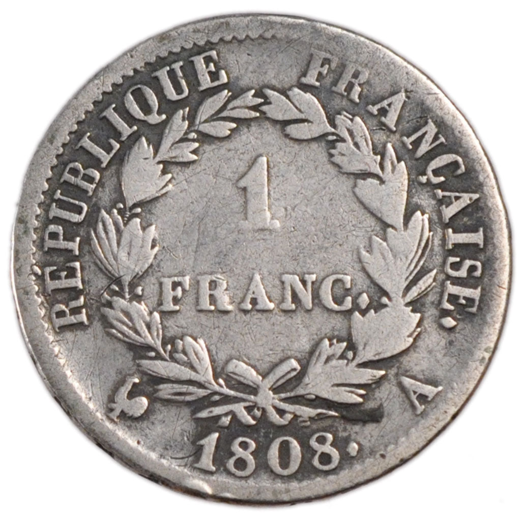 FRANCE, Napoléon I, 1 Franc, 1808, Paris, VF(20-25), Silver, Gadoury #446, 4.80