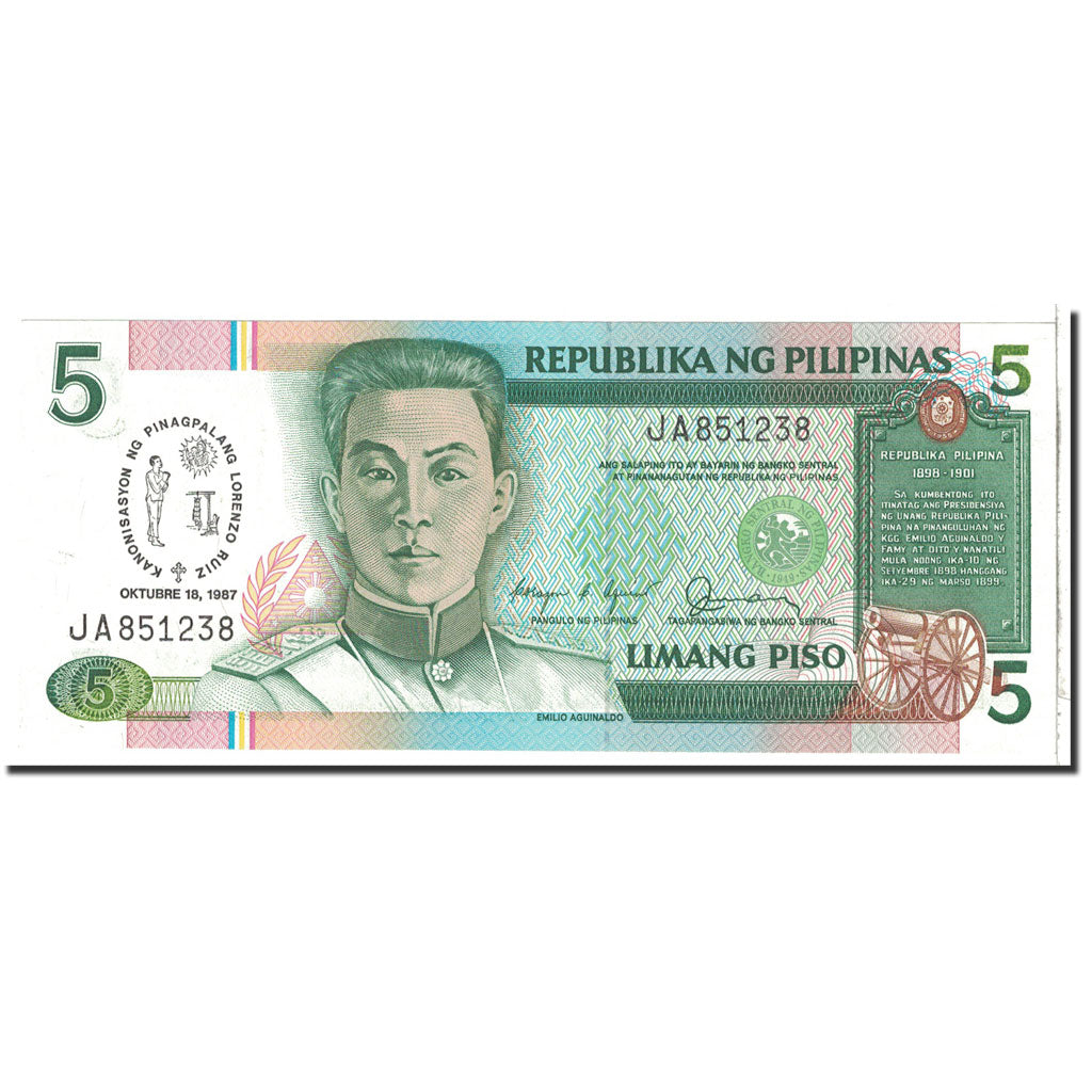 Banknote, Philippines, 5 Piso, 1987, 1987-10-18, KM:176a, UNC(65-70)