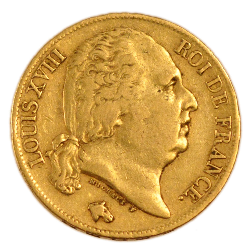 FRANCE, Louis XVIII, 20 Francs, 1820, Paris, KM #712.1, EF(40-45), Gold,...