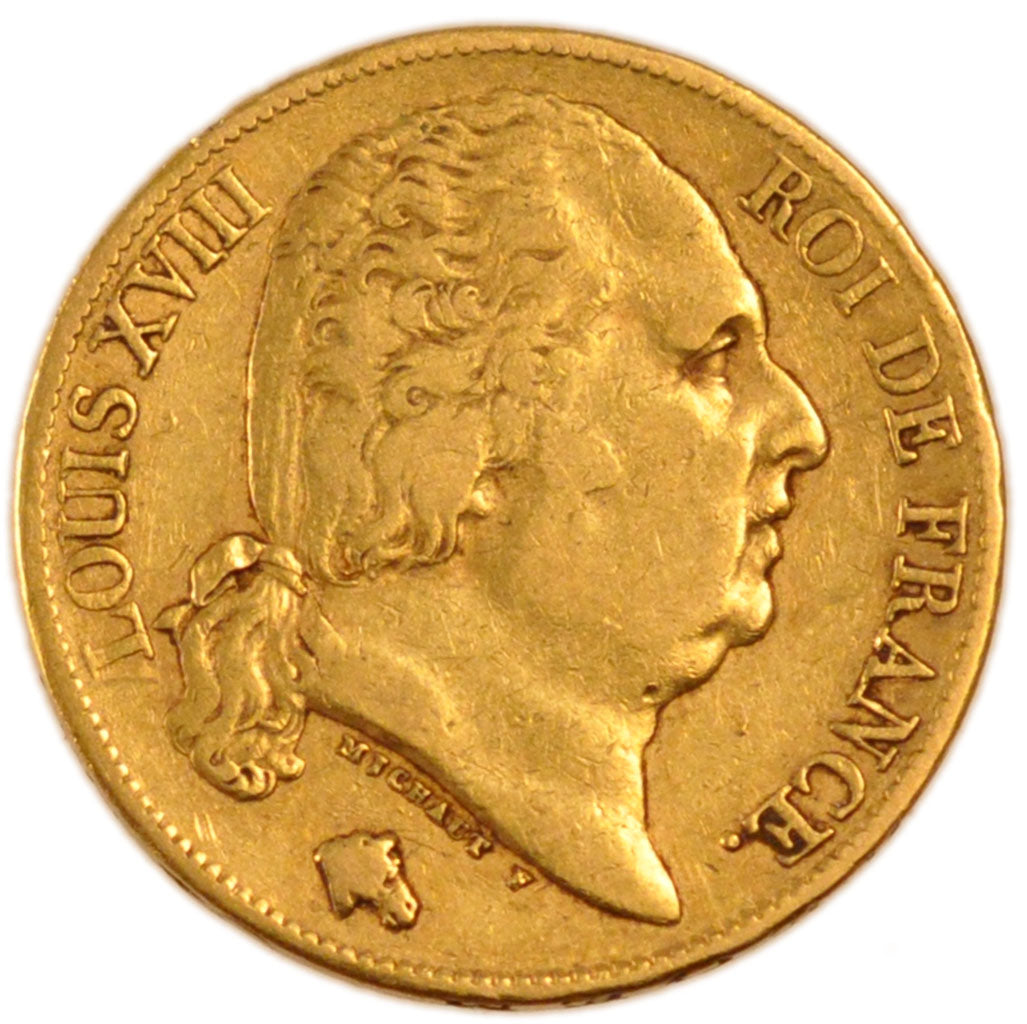 FRANCE, Louis XVIII, 20 Francs, 1822, Paris, EF(40-45), Gold, Gadoury #1028,...